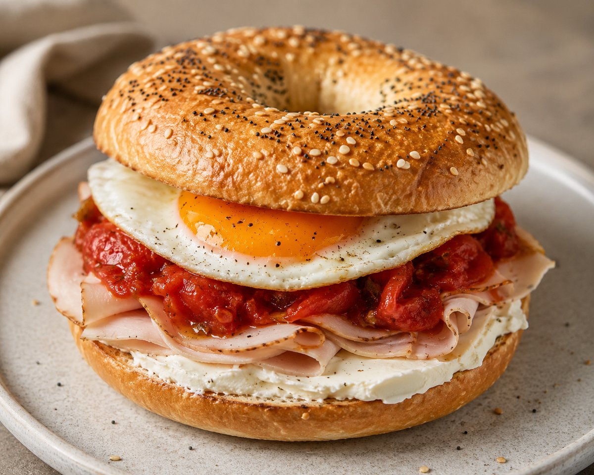 Good Morning Bagel mit Spiegelei, San Marzano Tomaten, Putenbrust und Frischkäse