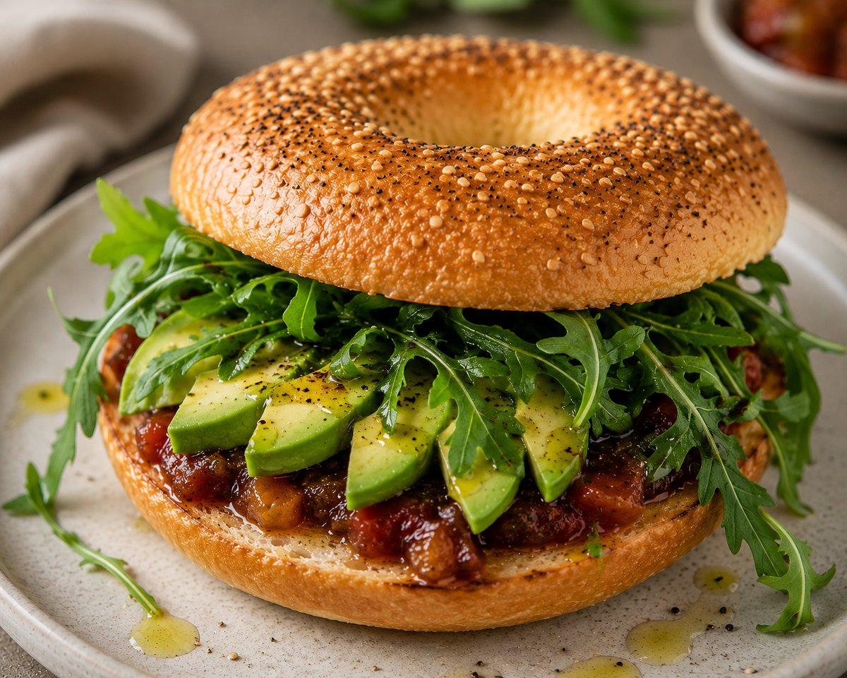 Veggie Bagel mit Rucola, Avocado und hausgemachtem Chutney