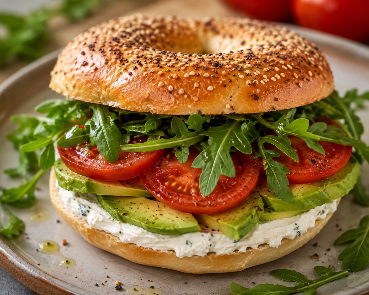 Sunshine Bagel mit Avocado, San Marzano Tomaten, Frischkäse und Rucola