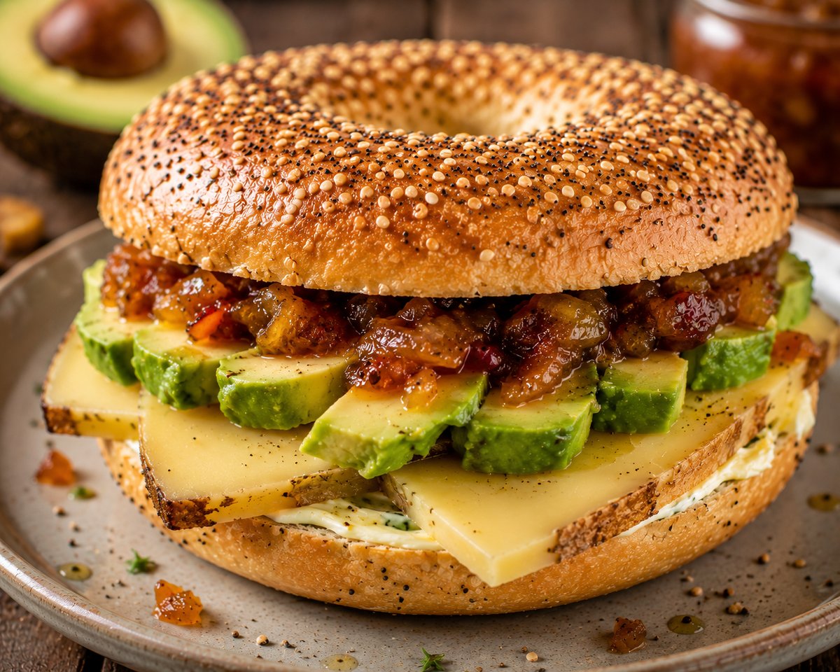 Cheese Bagel mit würzigem Bergkäse, Butter, Avocado und hausgemachtem Chutney