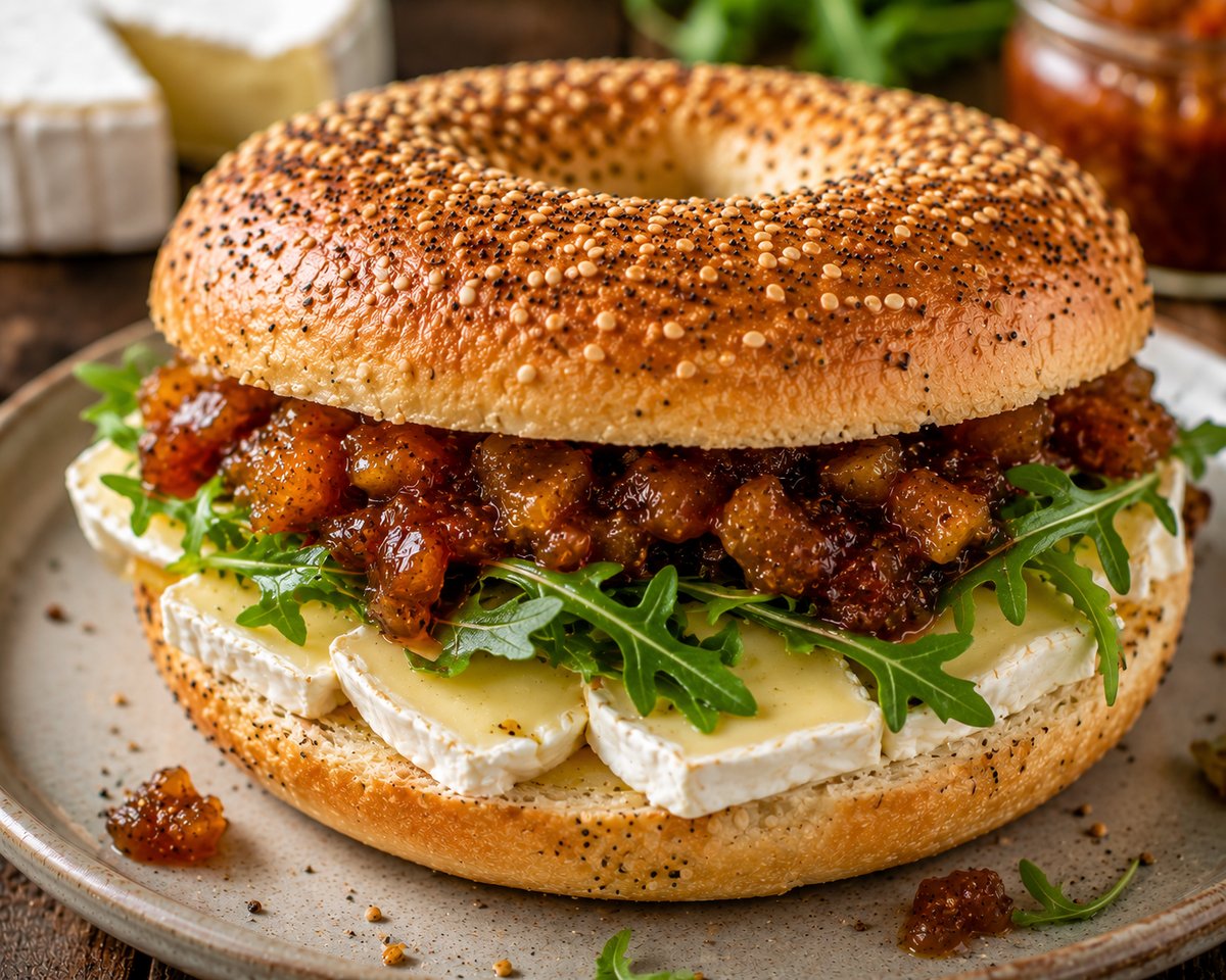 Franzmann Bagel mit französischem Weichkäse, Butter, Rucola und hausgemachtem Chutney